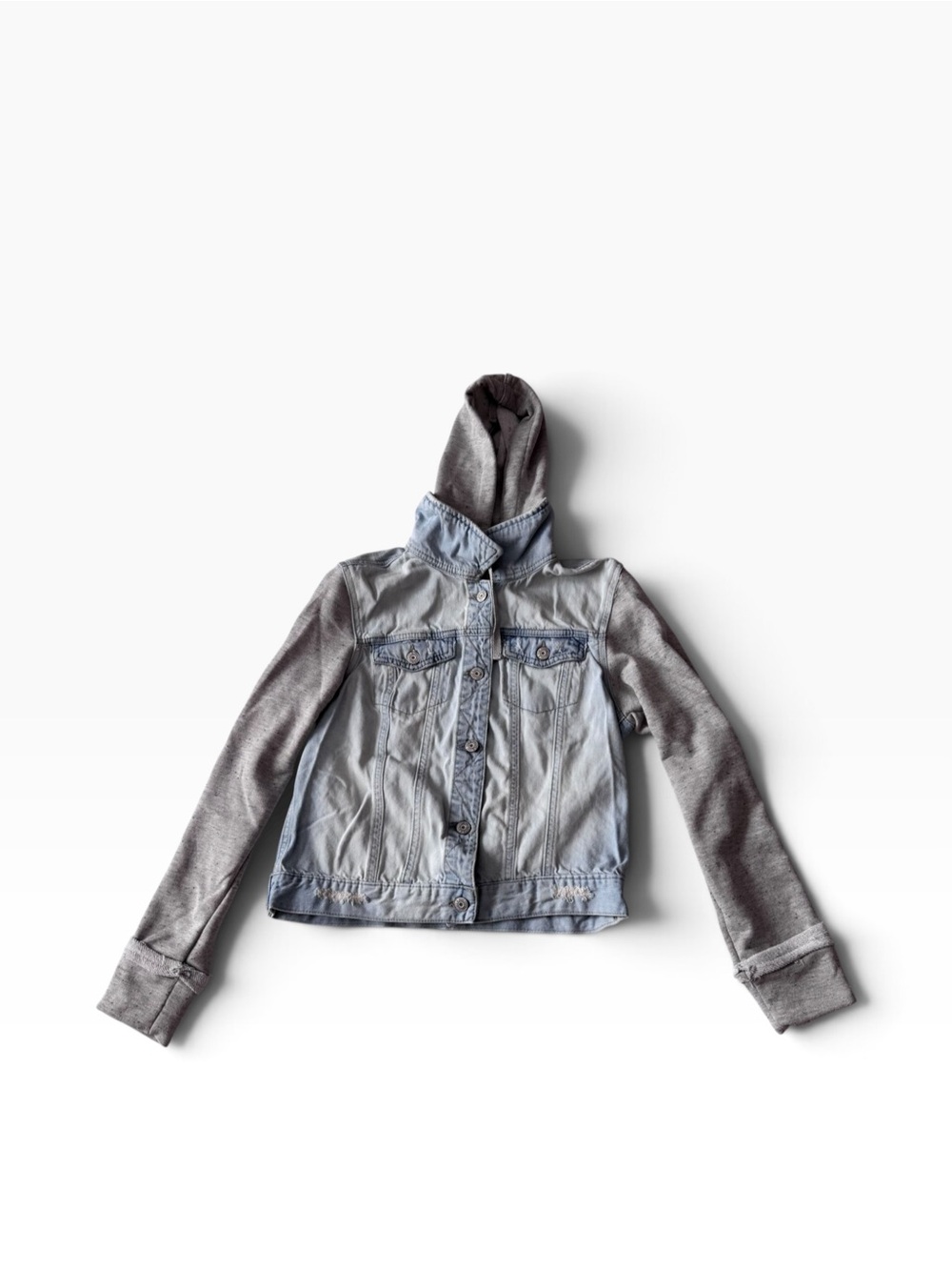 Mudd Light Wash Distressed Jean Jacket with Sweatshirt Material Hood and Sleeves